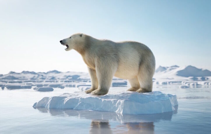 Polar bear on ice floe. Melting iceberg and global warming.