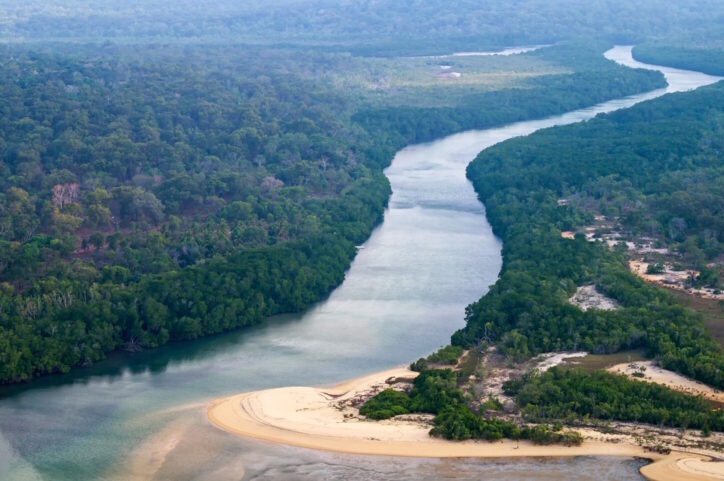 Aerial view to the ocean coast, river and rainforest