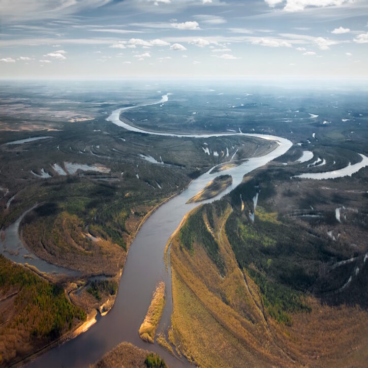 The mouth of the river in the tundra. Tributaries of the river. Landscape view from above.